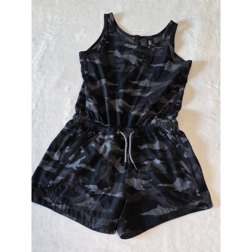 Athleta Girl Camo Print Romper Gray Black Sleeveless Drawstring Waist M 8-10